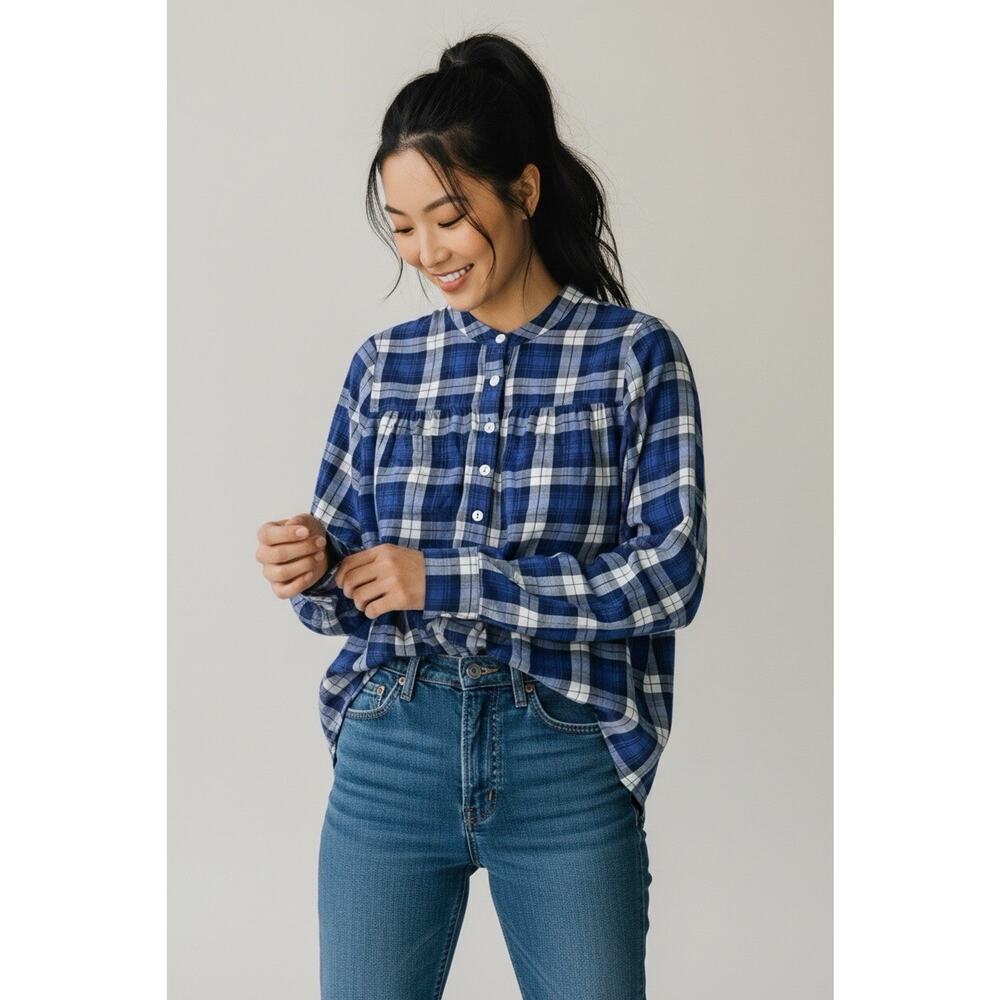 Madewell Women's Blue Plaid Button-Up Popover Shirt Size S Mandarin Collar